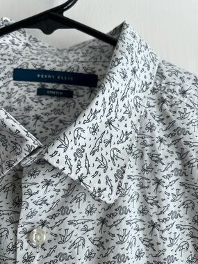 Perry Ellis White Button-Up Shirt with Black Tropical Print